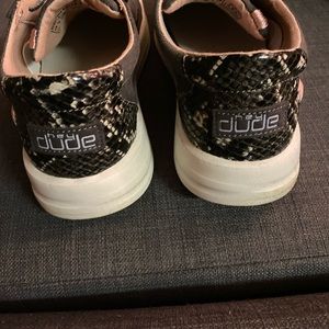 Woman’s Hey Dudes size 11 snake skin accent and grey